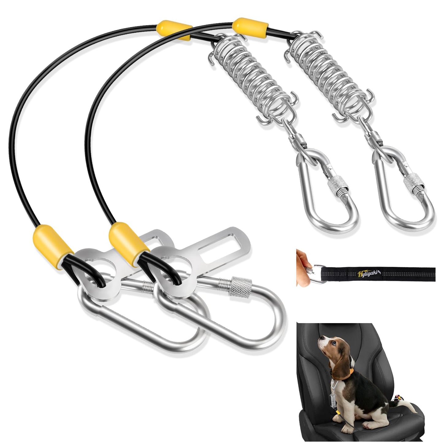 Dog Seat Belt Harness for Car 5-in-1 Coated Wire Dog Seatbelt HYLIYAKI Shock Spring-Loaded No Chew Pet Dog Car Seatbelt Leash with Removable Reflective Short Leash (2 Pack Black 16 inch/40 CM)