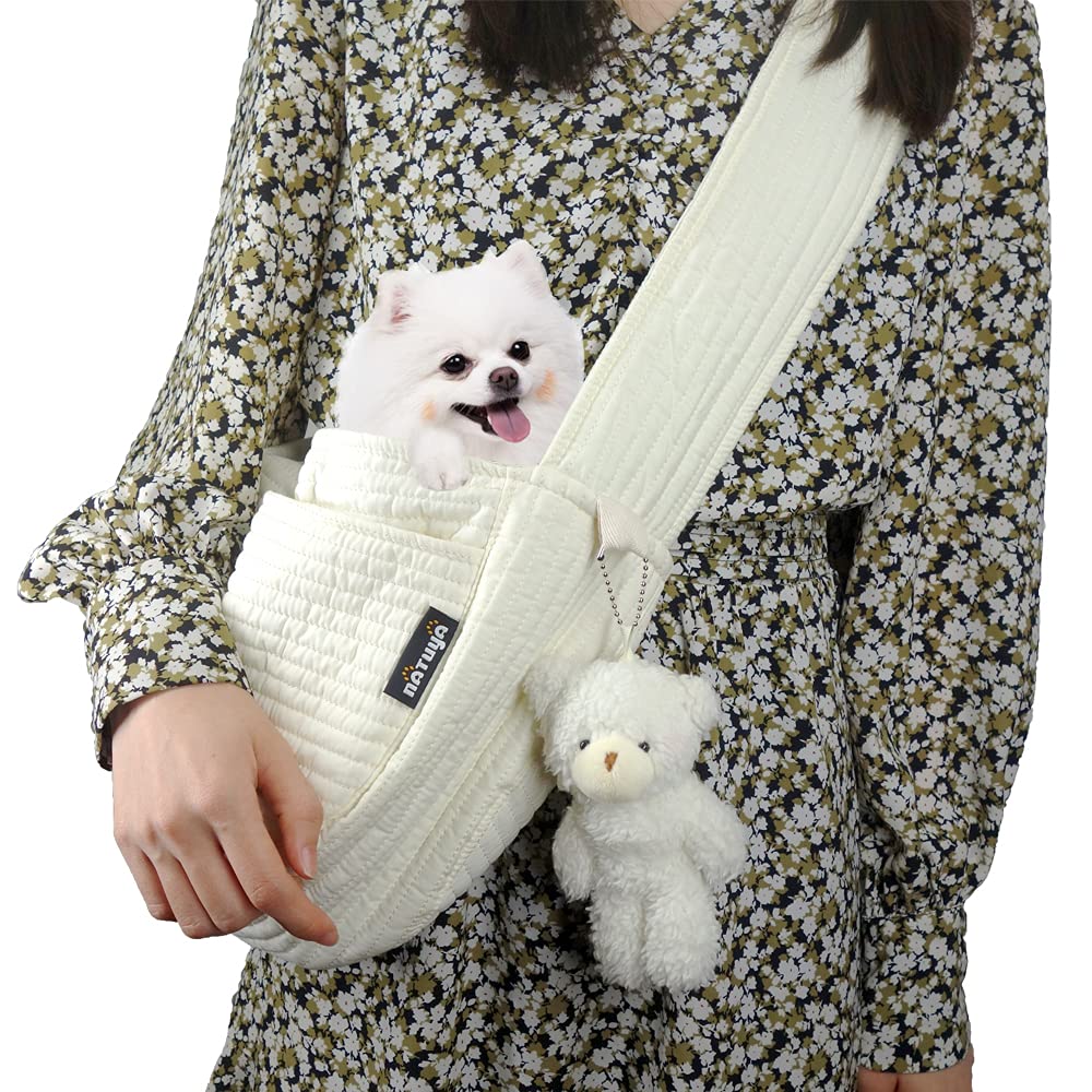 NATUYA Small Dog Carrier Sling Cat SlingAdjustable Strap Hand Free Pet Puppy for Outdoor Traveling Subway (White Canvas)