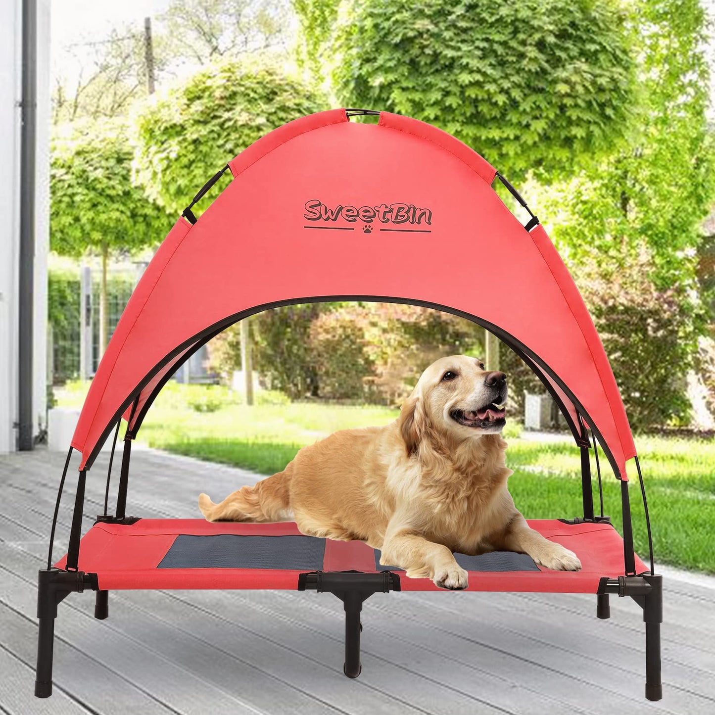 SweetBin S/M/L Outdoor Elevated Dog Cot with Canopy & Side Shade for Camping Small Medium Dogs (Carry Bag) Portable Cooling Raised Dog Bed with and Side for Beach