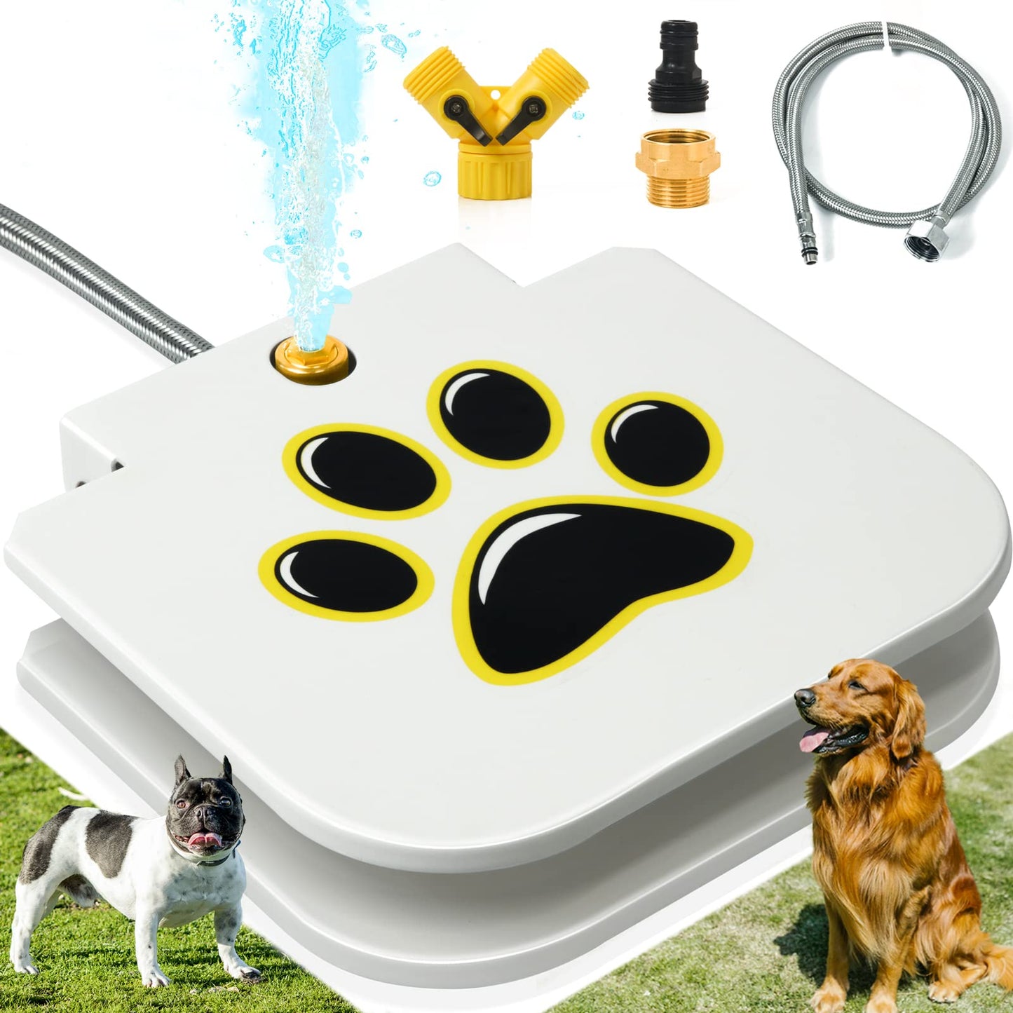 Dog Water Fountain Outdoor Drinking Water Toy for Large Dogs Paw Activated Water Fountain Dog Sprinkler Step On Fun Dog Toys，Includes 304 Stainless Steel Dog Hose (QL0305)